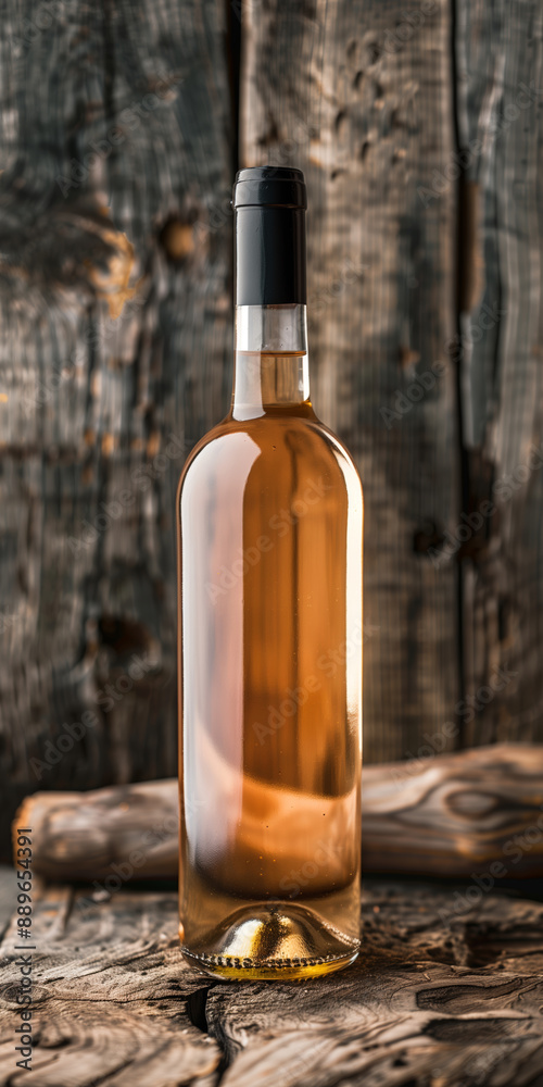 A Golden Chardonnay Bottle Rests on Weathered Wood A Golden Chardonnay Bottle Rests on Weathered Wood