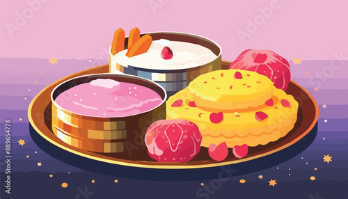 Illustration of a tray of different types of Japanese food on a purple background