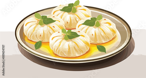 Illustration of a plate of dumplings on a white background