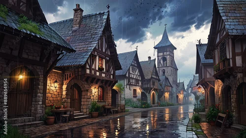 old civilization village during rain, seamless looping 4k video animation background old civilization village during rain, seamless looping 4k video animation background