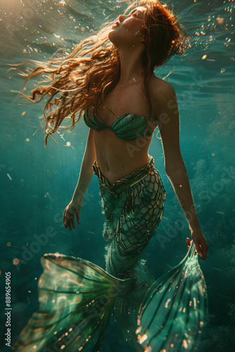 A beautiful mermaid swimming underwater with flowing hair and a tail