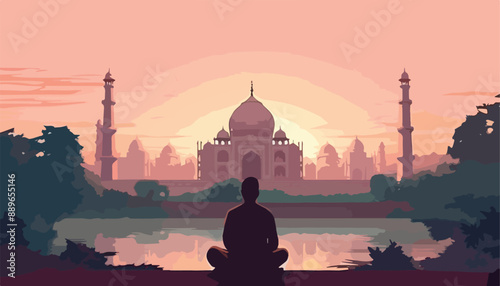 Silhouette of man meditating in front of Taj Mahal.