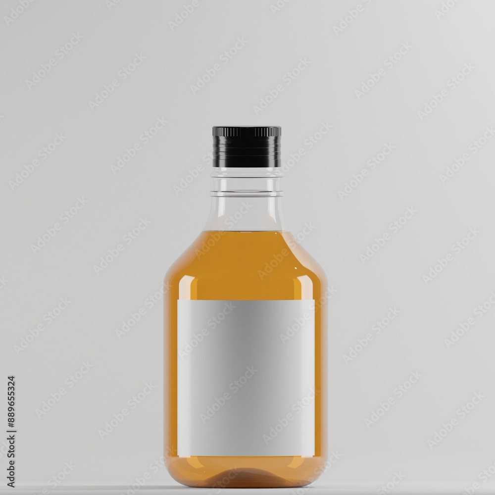 A clear cylindrical bottle with a black cap and a blank white label, filled with an amber liquid. The bottle stands against a neutral background, perfect for showcasing your beverage packaging design. A clear cylindrical bottle with a black cap and a blank white label, filled with an amber liquid. The bottle stands against a neutral background, perfect for showcasing your beverage packaging design.