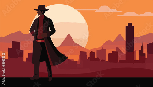 Vector illustration of a man in a hat and coat on the background of the city.