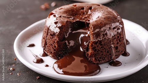 A close-up of a rich, chocolate lava cake with molten center, on a white dessert plate, high-resolution photo, realistic photo, cinematography, hyper realistic