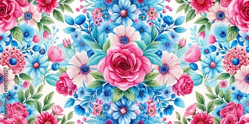 Watercolor Floral Bouquet with Pink Roses and Blue Flowers, Seamless Pattern, White Background, Botanical Art, Flowers, Watercolor, Floral Pattern