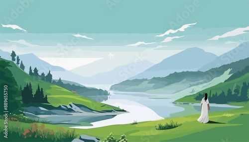 Wedding couple on the mountain river. Vector illustration in flat style