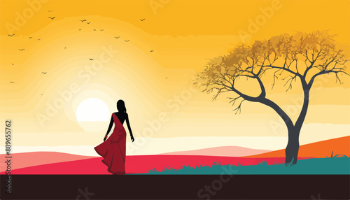 woman in a red dress in the field at sunset. vector illustration