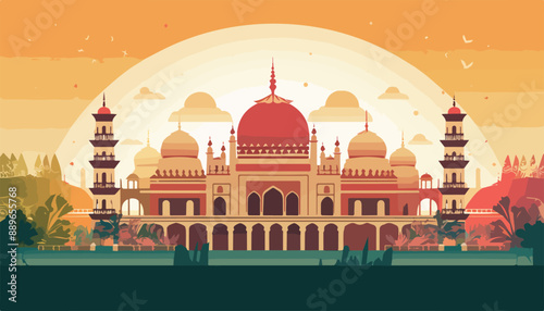 Taj Mahal in the morning. Vector illustration, flat design