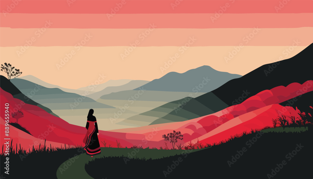 Silhouette of a woman in the mountains. Vector illustration. Silhouette of a woman in the mountains. Vector illustration.