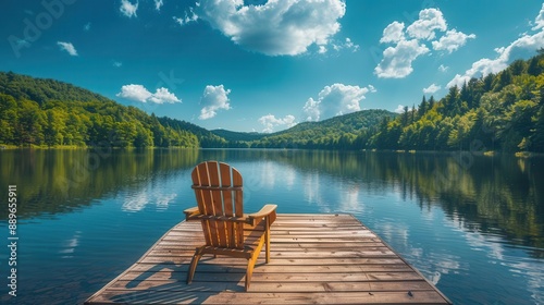 Tranquil lake scene with an Adirondack chair on a wooden dock, surrounded by lush green hills and blue sky reflecting on calm waters. © Suphakorn