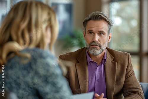 Concerned mature man consulting with a divorce lawyer. A professional setting where the concept of legal advice and empathy is conveyed. Essential for law firms and legal advisories