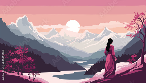 Beautiful girl in a long dress standing on the bank of a mountain river and watching the sunset