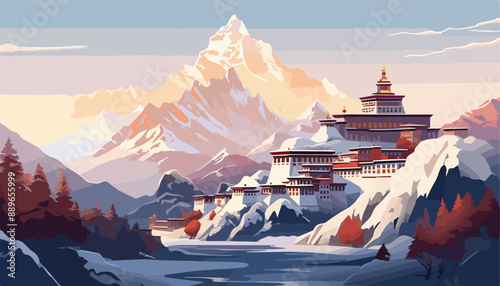 Buddhist temple in the Himalayas, Nepal. Vector illustration