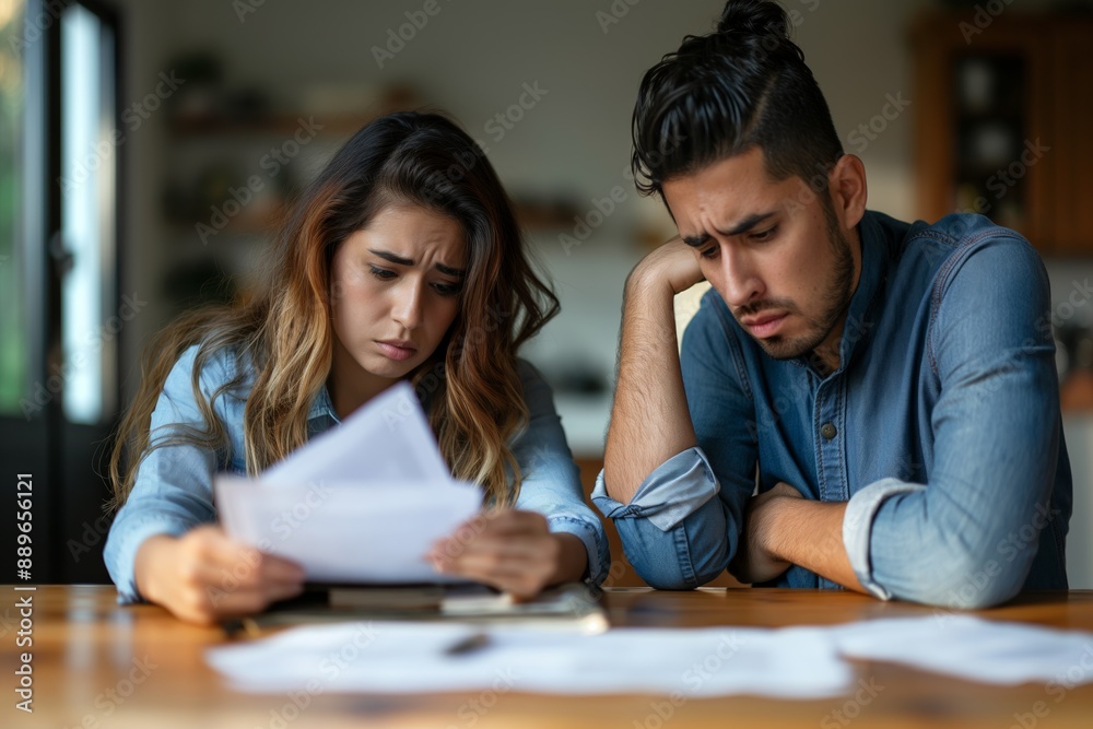 Troubled couple reviewing documents. A couple experiencing distress while examining paperwork, suggesting financial issues or divorce. Perfect for content relating to divorce or legal consultations. Troubled couple reviewing documents. A couple experiencing distress while examining paperwork, suggesting financial issues or divorce. Perfect for content relating to divorce or legal consultations.