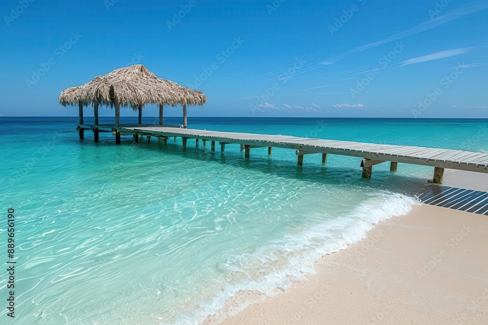 Scenic tropical beach with a wooden pier extending into clear turquoise waters and a thatched-roof hut under sunny blue skies. Scenic tropical beach with a wooden pier extending into clear turquoise waters and a thatched-roof hut under sunny blue skies.