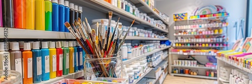  large assortment of art supplies in the art store - paints, brushes, and more for the professional or hobbyist artist on display in a studio/retail space