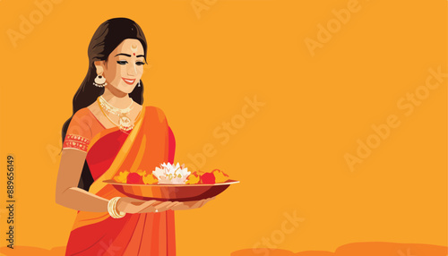 Indian woman holding Puja plate on chhat pooja over orange background. Vector illustration.