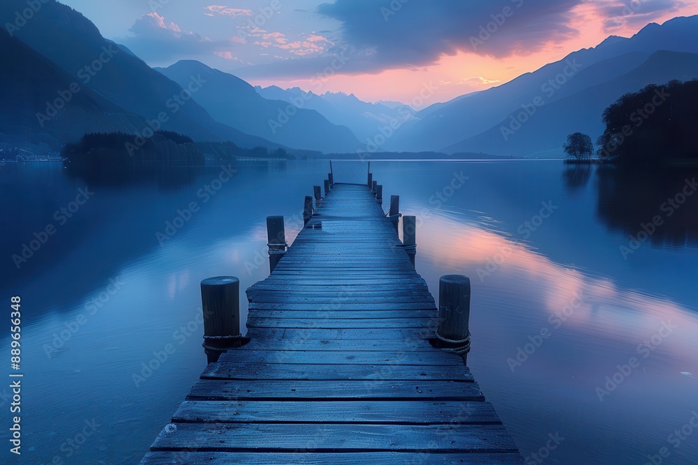 Fototapeta premium Serene sunrise over a tranquil lake, with a wooden dock leading into calm waters, surrounded by misty mountains reflecting vibrant colors.