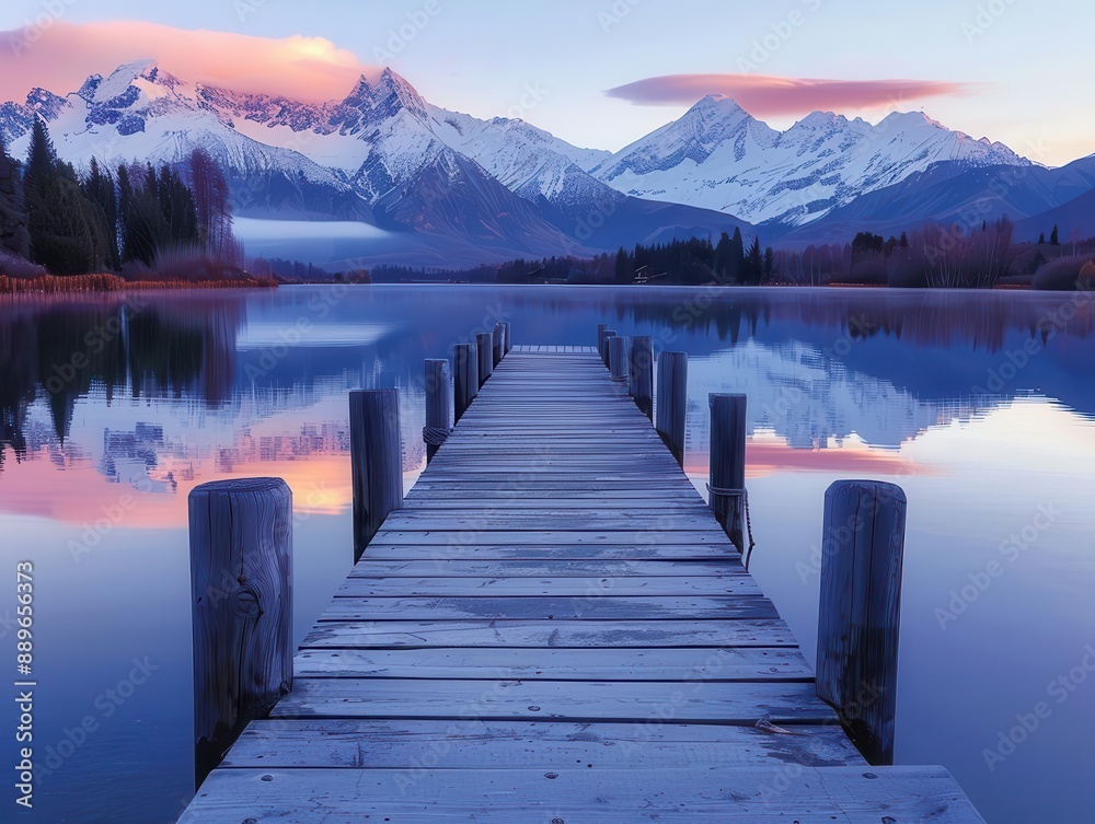 Naklejka premium Serene wooden dock extending into a calm lake with snow-capped mountains and a vibrant sunset sky reflected in the water.
