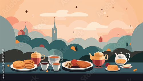 Vector illustration of a breakfast in the city. Cappuccino, pancakes, coffee, sausages and croissants.