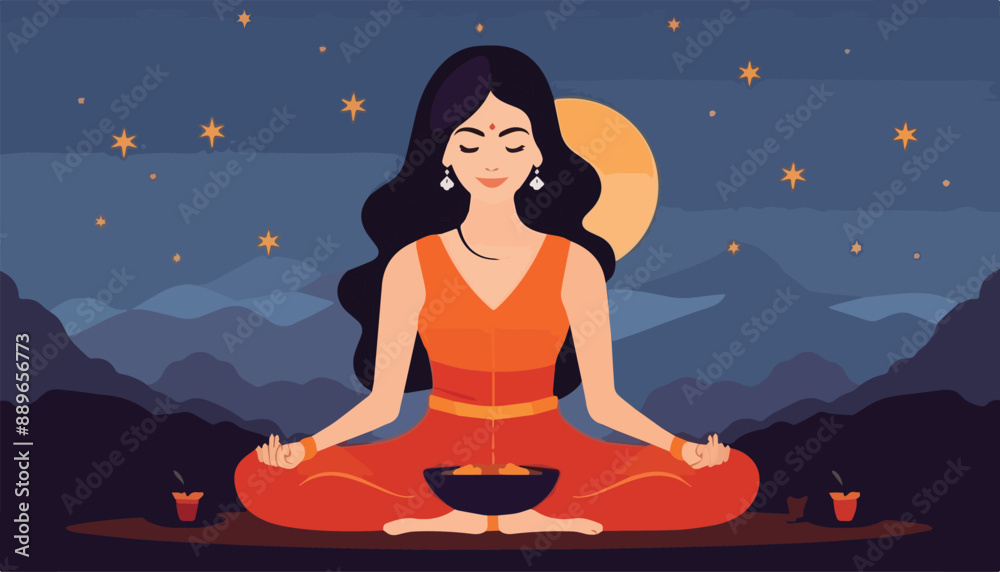 Vector illustration of woman sitting in lotus pose and meditating.