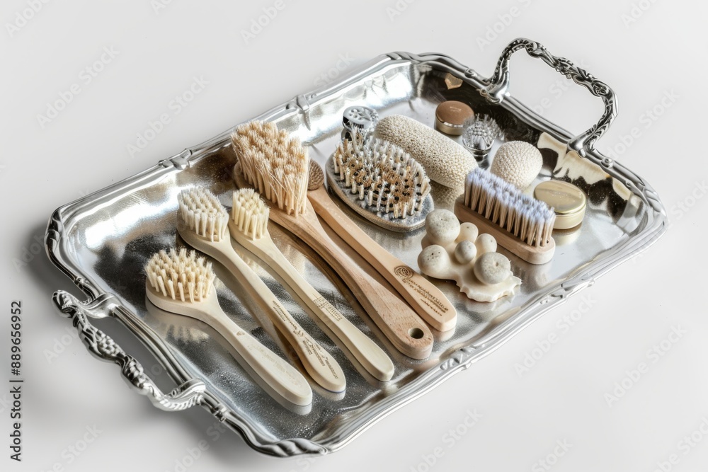 A silver tray with neatly arranged spa tools such as brushes and pumice stones. A silver tray with neatly arranged spa tools such as brushes and pumice stones.
