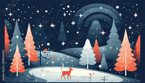 Winter landscape with forest and deer. Vector illustration in flat style.