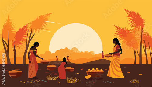 Indian people on the beach at sunset. Vector illustration in flat style
