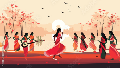 Indian women in traditional clothes dancing in the park. Vector illustration.