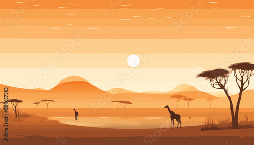 African savanna landscape at sunset. Serengeti National Park, Tanzania, Africa. Vector illustration
