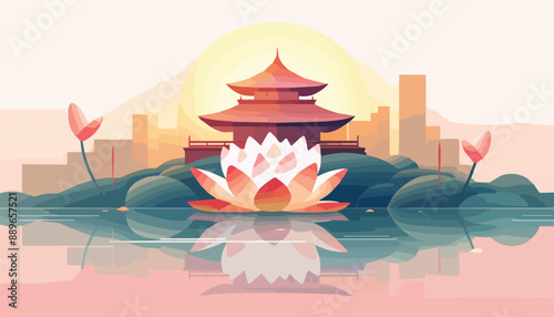 Chinese temple and lotus flower vector illustration in flat cartoon style.