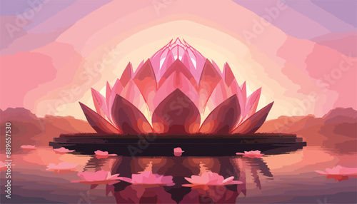 Beautiful lotus flower on the lake. Vector illustration in cartoon style.