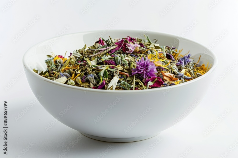 A beautiful arrangement of dried herbs and flowers in a white ceramic bowl, placed on a clean white surface. The mixture of herbs and flowers adds a touch of elegance to the overall setting. A beautiful arrangement of dried herbs and flowers in a white ceramic bowl, placed on a clean white surface. The mixture of herbs and flowers adds a touch of elegance to the overall setting.