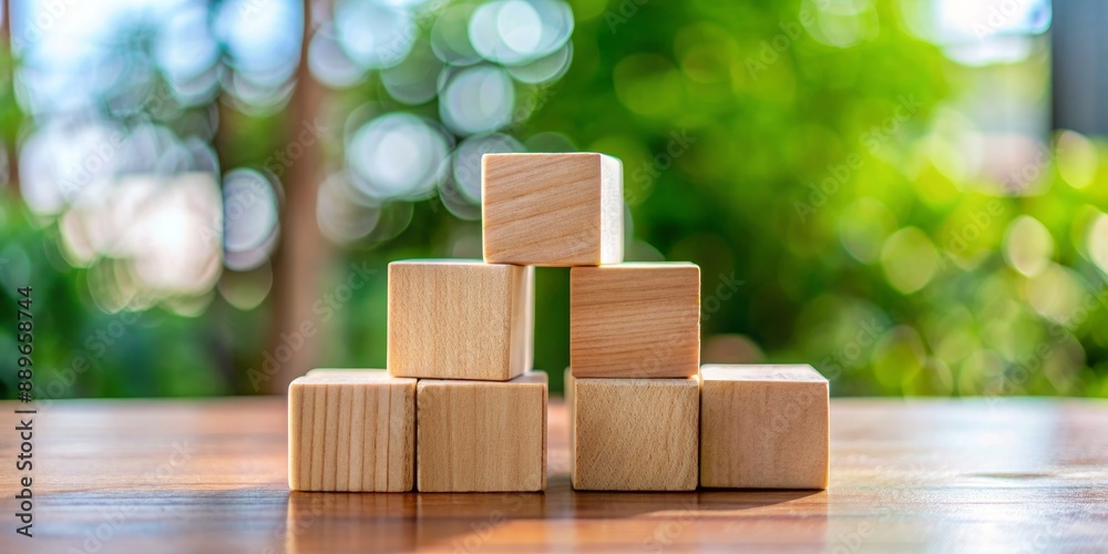 Wooden Blocks Stacked on a Table with a Bokeh Background, Wooden Blocks, Bokeh, Stacked, Natural Wooden Blocks Stacked on a Table with a Bokeh Background, Wooden Blocks, Bokeh, Stacked, Natural
