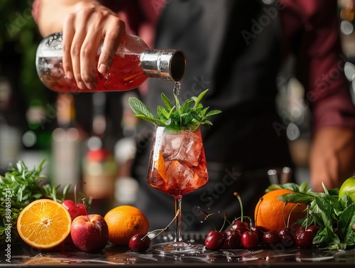 An engaging shot of a bartender skillfully pouring a cocktail from a shaker into a glass The scene is set at a welldecorated bar counter with fresh herbs photo