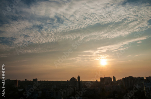 Sunrise over modern office buildings in business district center of Odesa. 