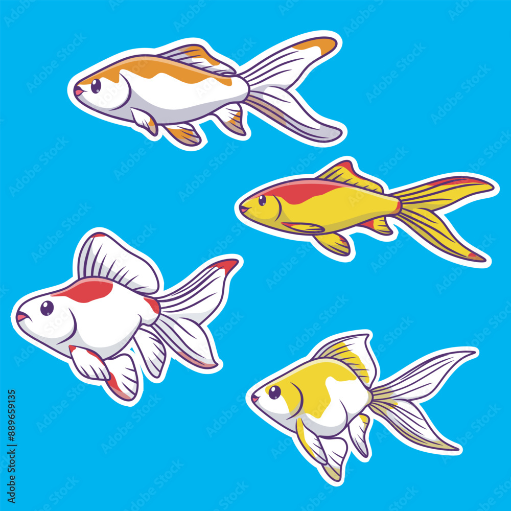 Fototapeta premium Cute goldfish set illustration in flat cartoon style. Stickers of goldfish.