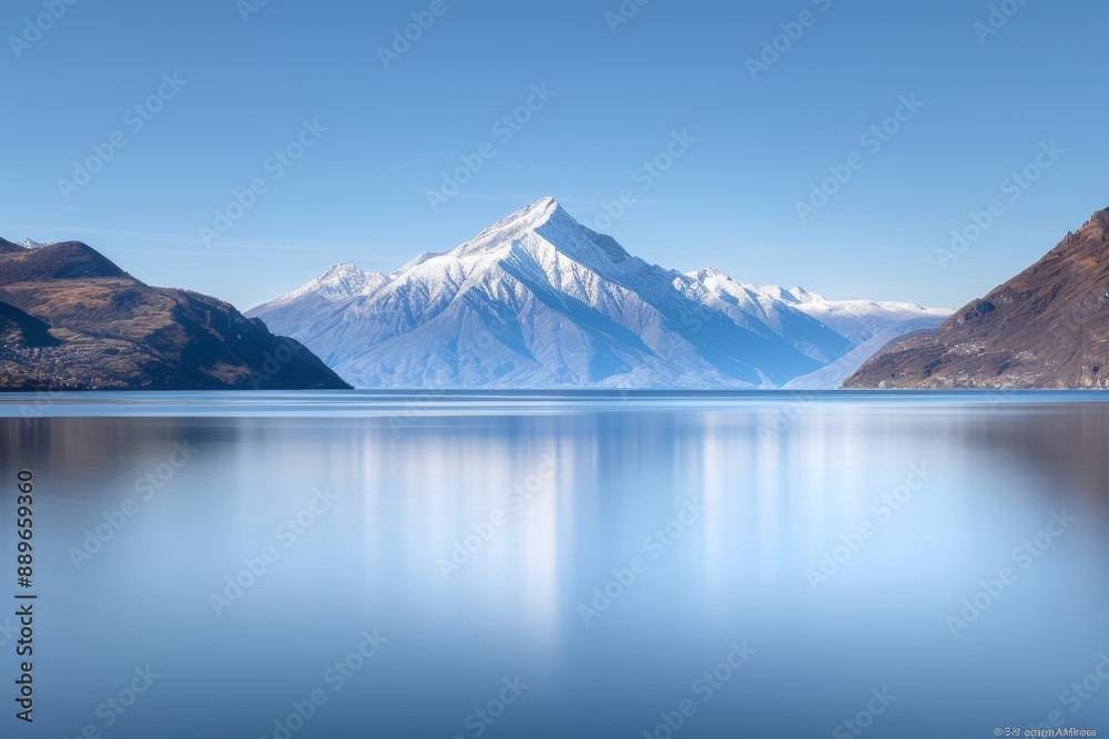 Serene mountain landscape with snow-capped peak reflecting on calm lake under a clear blue sky. Perfect nature scene for relaxation and inspiration. Serene mountain landscape with snow-capped peak reflecting on calm lake under a clear blue sky. Perfect nature scene for relaxation and inspiration.