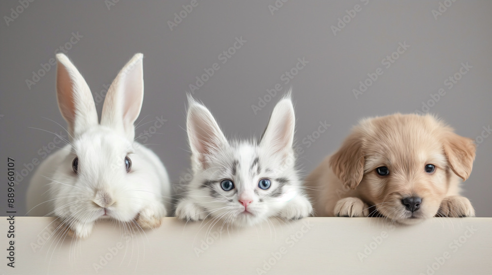 Fototapeta premium Cute kitten, white rabbit and Samoyes puppy peeking over the edge of an empty table isolated on a clear background