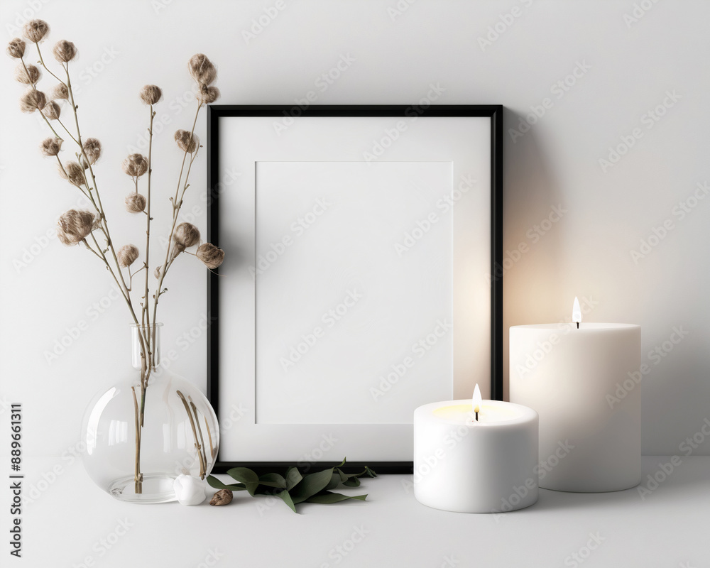 Scandinavian interior with black photo frame A4 size, dry herbs and candles on a white wall, front view, ai generated
