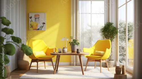 Seek solace and comfort in a cozy Scandinavian setting with two chrs, a central table, and an empty canvas agnst a backdrop of sunny yellow.