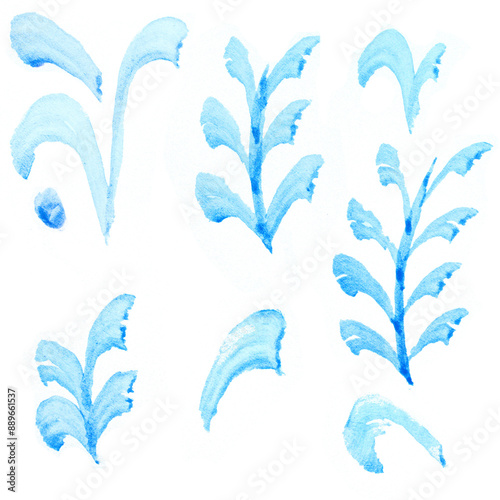 Blue watercolor botanical floral art hand drawn set of elements for artistic creative patterns, design