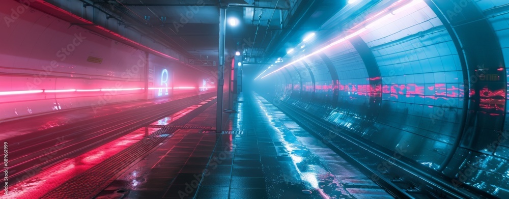 A futuristic subway station illuminated by neon lights, showcasing a sleek design and atmospheric scene. A futuristic subway station illuminated by neon lights, showcasing a sleek design and atmospheric scene.