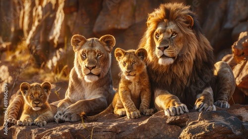 Majestic lion family resting together on rocky terrain, with a stunning natural backdrop in the African wilderness at sunset.