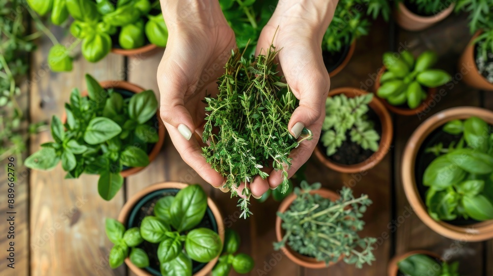 Hands Holding Freshly Picked Herbs Surrounded by Potted Plants in a Kitchen Garden Hands Holding Freshly Picked Herbs Surrounded by Potted Plants in a Kitchen Garden
