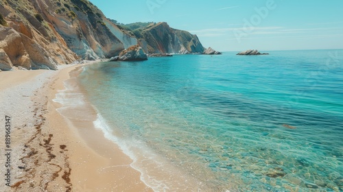  A sandy beach nestled by the ocean, featuring a cliff as its backdrop and a body of water in the foreground