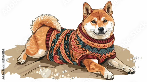 Shiba Inu Dog In Sweater Vector Illustration Handdrawn