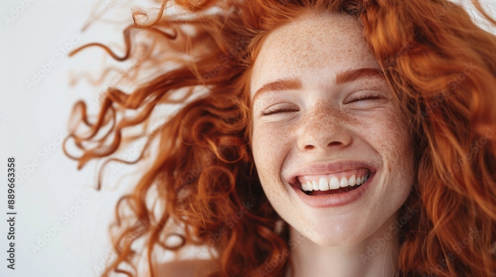 A woman with red hair is smiling and has her mouth open