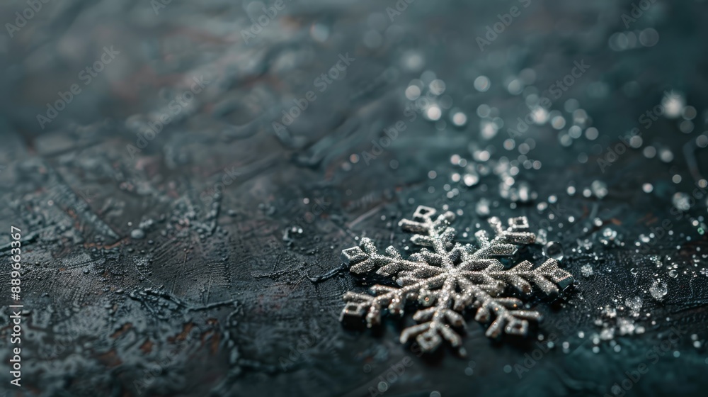 A snowflake atop a table, its surface dotted with water droplets, against a black background A snowflake atop a table, its surface dotted with water droplets, against a black background
